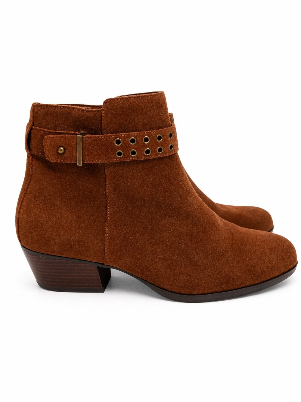 le chateau Suede Ankle Booties with Grommet Strap - Chestnut Brown Sz 8